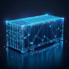 Poster - Polygonal 3d cargo container in dark blue background. Online cargo delivery service, logistics or tracking app concept. Abstract vector illustration of online freight delivery service
