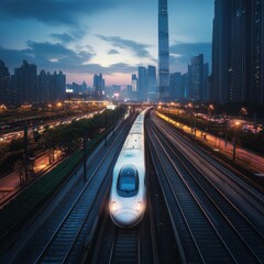 Aufkleber - Fast express passenger train on high speed intercity railway moving from city. Future digital urban infrastructure. Modern town cityscape. 3d abstract infrastructure concept