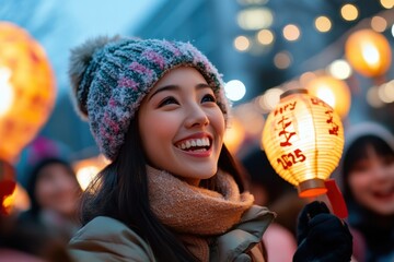 Wall Mural - A young woman beams in delight while holding a lantern at a vibrant festival, capturing the spirit of joy and celebration in the midst of colorful lights and festivities.