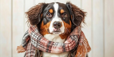 Wall Mural - Fancy dress for fashionable pet dog concept. A dog wearing a scarf poses against a light background