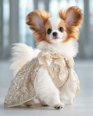 Wall Mural - Fancy dress for fashionable pet dog concept. Cute dog in a sparkling dress posing elegantly indoors