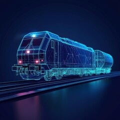 Poster - Polygonal 3d electro cargo train from smartphone in dark blue background. Online cargo delivery service, logistics or tracking app concept. Abstract vector illustration of online freight delivery.
