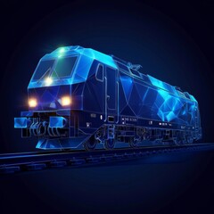 Poster - Polygonal 3d electro cargo train from smartphone in dark blue background. Online cargo delivery service, logistics or tracking app concept. Abstract vector illustration of online freight delivery.