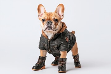 Wall Mural - Fancy dress for fashionable pet dog concept. Stylish French Bulldog in a jacket and boots, posing confidently