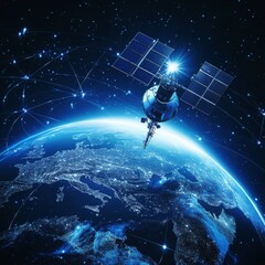 Leinwandbilder - Vector image. World Wide Web. Satellites in orbit transmit a signal to the planet's surface. Technological blue background. Planet Earth and outer space. Contours of continents and abstract lights.