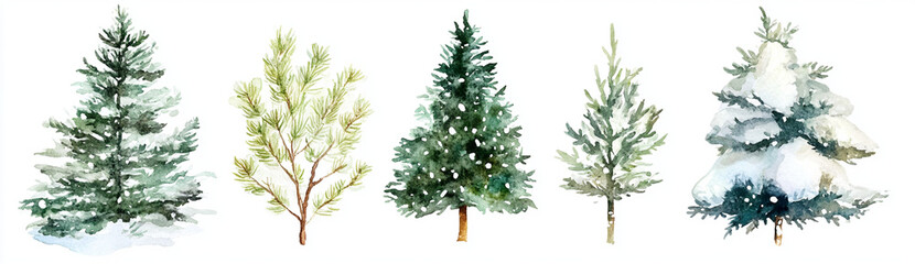 watercolor illustration of winter trees, including pine and spruce, showcasing various shades of gre
