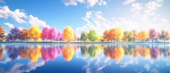 Wall Mural - Vibrant autumn trees reflecting in a serene lake under a bright blue sky