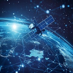 Leinwandbilder - Map of the planet. World map. Global social network. Vector. Space communication satellite. Realistic dark blue technological futuristic background with planet Earth. Internet and technology. 