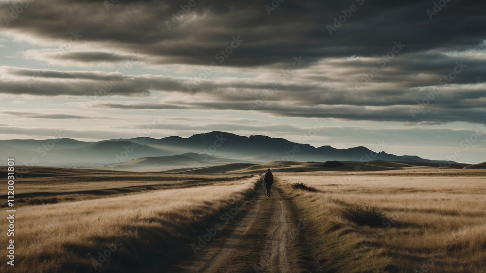 Solitary traveler walking along a dirt road through vast golden