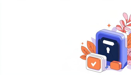 Fototapete - A stylized illustration featuring a locked padlock, a checkmark, and decorative leaves, symbolizing security and validation.