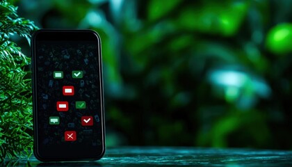Aufkleber - A smartphone displays symbols in a lush green environment, featuring check marks and an exclamation mark against a dark background.