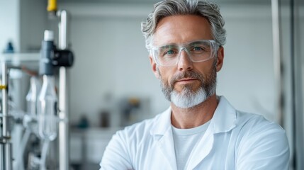 Wall Mural - a focused scientist with glasses stands in a lab, surrounded by equipment, embodying the essence of 