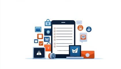 Fototapete - A digital illustration showcasing a smartphone surrounded by various security icons and documents, representing data protection and management.