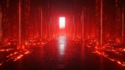 Wall Mural - a captivating corridor illuminated by red light, leading to a glowing exit, surrounded by reflective