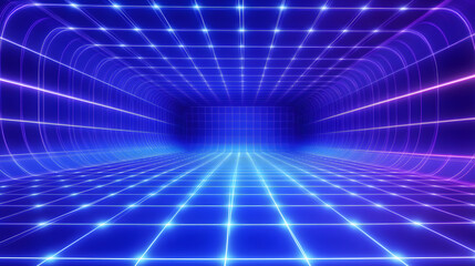 Wall Mural - Futuristic, blue digital grid background. network tech wallpaper. 3d render. Glowing. Illustration