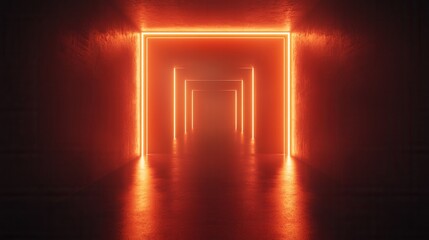 Wall Mural - a dimly lit corridor illuminated by glowing orange neon lights, creating a futuristic and mysterious
