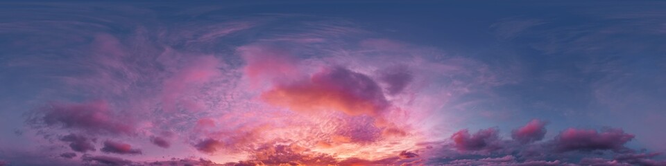 Wall Mural - 360 panorama of glowing sunset sky with bright pink Cumulus clouds. HDR 360 seamless spherical panorama. Full zenith or sky dome sky replacement for aerial drone panoramas. Climate and weather change.