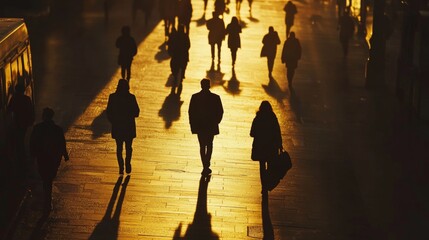 Wall Mural - Silhouetted pedestrians walking in an urban setting at sunset, with long shadows cast across the pavement and blurred, unrecognizable figures in the background