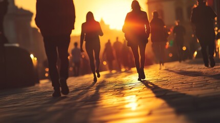 Wall Mural - Silhouetted pedestrians walking in an urban setting at sunset, with long shadows cast across the pavement and blurred, unrecognizable figures in the background