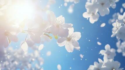 Wall Mural - Spring Blooming, White Blossoms And Sunlight In The Sky, with copy space. Selective focus