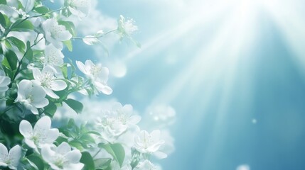 Wall Mural - Spring Blooming, White Blossoms And Sunlight In The Sky, with copy space. Selective focus