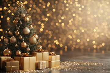 Wall Mural - christmas tree decorated with golden baubles and gifts sparkling on a festive background