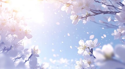 Wall Mural - Spring Blooming, White Blossoms And Sunlight In The Sky, with copy space. Selective focus