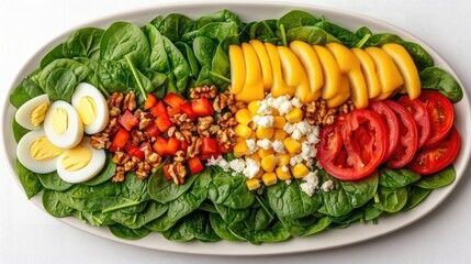 Sticker - Colorful spinach salad with various fresh ingredients is arranged on a white oval plate