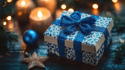 Wall Mural - christmas gift box decorated with blue ribbon and lit candles