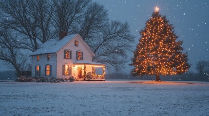 Wall Mural - snow falling on farmhouse and christmas tree at twilight
