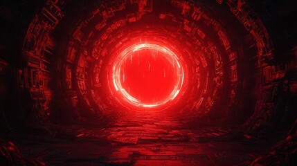 Wall Mural - a glowing red circular portal emerges from a dark tunnel, creating a striking contrast and evoking a