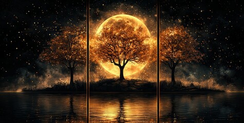 Wall Mural - Encase the poster art that showcases a three-dimensional golden tree, moon, dots, and branches on a black backdrop.