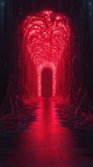 Wall Mural - a dark, eerie tunnel glowing in red, resembling an organic structure, creating an unsettling and mys