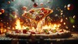 © 69 - Pizza straight from the oven, cheese pulling, vegetables suspended mid-air, fiery ambiance adding intensity