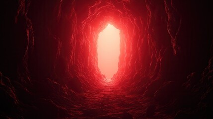 Wall Mural - a dark cavern with a glowing red light at the end, creating an eerie and mysterious atmosphere.