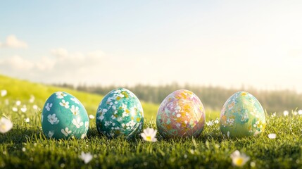 Three painted easter eggs celebrating a Happy Easter on a spring day with a green grass meadow, bright sunlight, tree leaves and a background with copy space