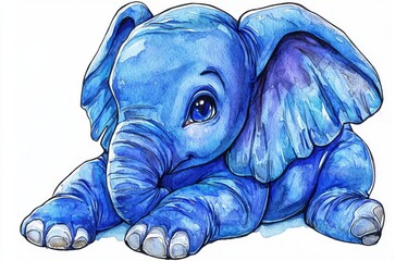 a charming baby elephant resting, depicted in a watercolor cartoon of a tropical creature on a plain