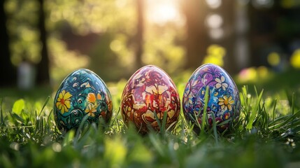 Three painted easter eggs celebrating a Happy Easter on a spring day with a green grass meadow, bright sunlight, tree leaves and a background with copy space