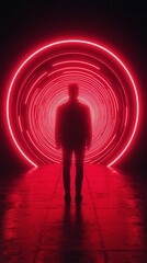 Wall Mural - a shadowy figure stands before a glowing red circular light, creating a striking contrast against a 
