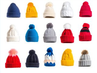 Wall Mural - Selection of cozy winter beanies isolated on a white background