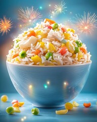 Wall Mural - Chinese cuisine and firework celebration concept. Bowl of colorful rice with festive decorations in the background