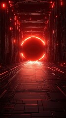 Wall Mural - a futuristic tunnel with glowing red accents leads to a dark circular portal, evoking a sense of mys