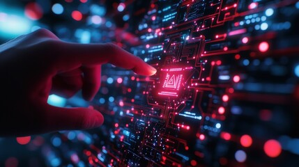 Hand interacting with glowing digital RAM interface.