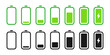 © Chelpanoff - Battery charging progress icon set in two different styles. Battery charging indicator vector illustration. 100 full battery charge interface button. Accumulator capacity pictogram collection