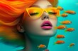 © Milan - A vibrantly styled woman with flowing orange hair and sunglasses surrounded by lively orange fish in a surreal water scene, representing whimsy and creative expression.