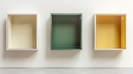  3D rendering of three empty glass display cases on a white wall in a minimalist style Burgundy and Gold Burgundy gold soft cream deep green Impressionism