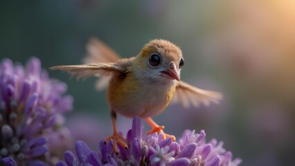 Canvas Print - A small bird sitting on top of a purple flower