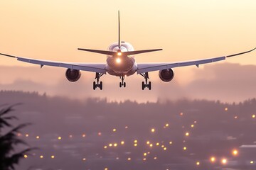 Airplane landing at dusk with glowing lights