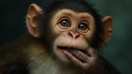 Poster - A baby monkey with its hand on its mouth