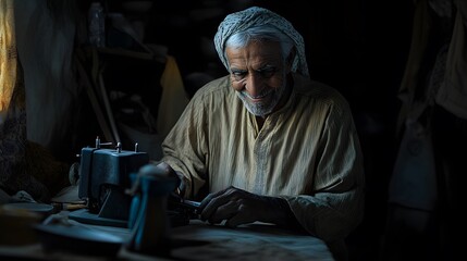 An elderly man with a warm smile, sewing on an ironing machine